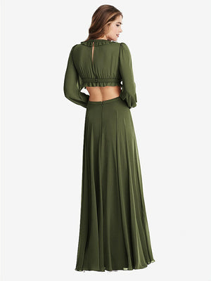 【STYLE: LB015】Bishop Sleeve Ruffled Chiffon Cutout Maxi Dress - Harlow 【COLOR: Olive Green】