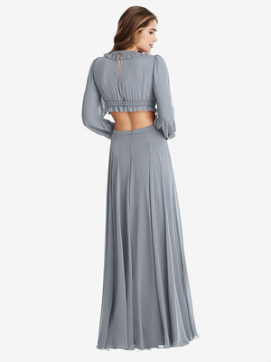 【STYLE: LB015】Bishop Sleeve Ruffled Chiffon Cutout Maxi Dress - Harlow 【COLOR: Platinum】