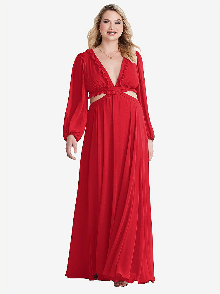 【STYLE: LB015】Bishop Sleeve Ruffled Chiffon Cutout Maxi Dress - Harlow 【COLOR: Parisian Red】