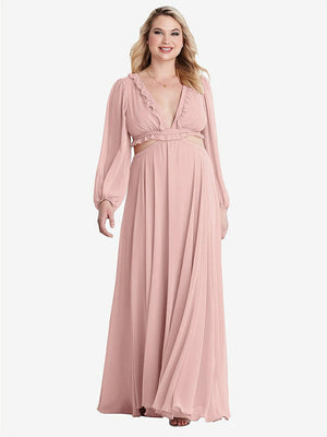 【STYLE: LB015】Bishop Sleeve Ruffled Chiffon Cutout Maxi Dress - Harlow 【COLOR: Rose - PANTONE Rose Quartz】