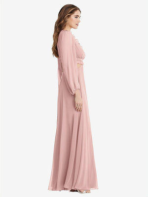 【STYLE: LB015】Bishop Sleeve Ruffled Chiffon Cutout Maxi Dress - Harlow 【COLOR: Rose - PANTONE Rose Quartz】