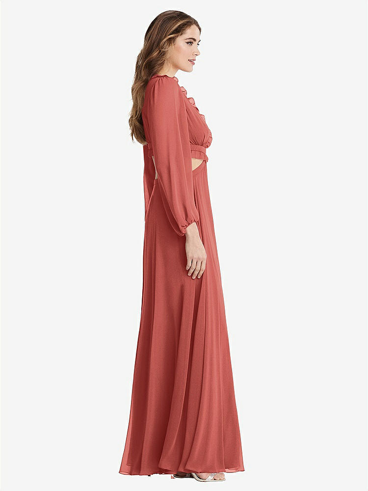 【STYLE: LB015】Bishop Sleeve Ruffled Chiffon Cutout Maxi Dress - Harlow 【COLOR: Coral Pink】