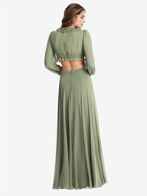 【STYLE: LB015】Bishop Sleeve Ruffled Chiffon Cutout Maxi Dress - Harlow 【COLOR: Sage】