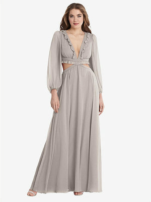 【STYLE: LB015】Bishop Sleeve Ruffled Chiffon Cutout Maxi Dress - Harlow 【COLOR: Taupe】