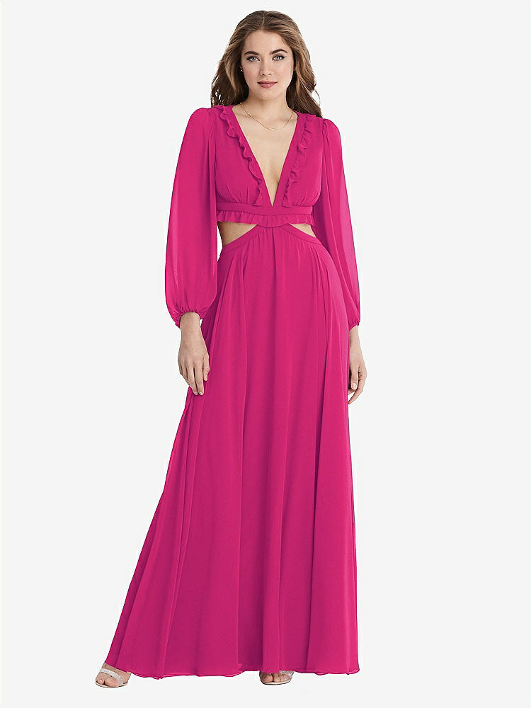 【STYLE: LB015】Bishop Sleeve Ruffled Chiffon Cutout Maxi Dress - Harlow 【COLOR: Think Pink】