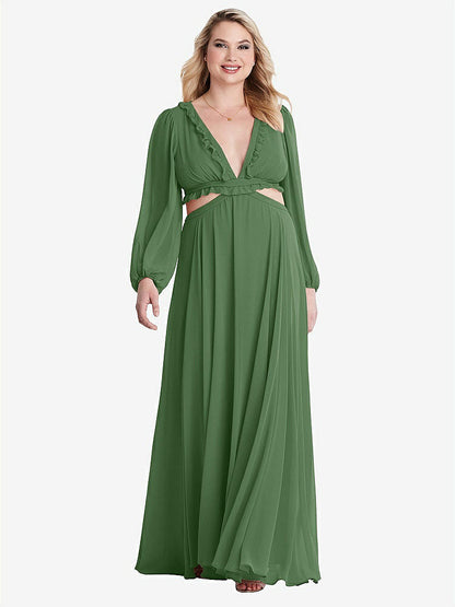 【STYLE: LB015】Bishop Sleeve Ruffled Chiffon Cutout Maxi Dress - Harlow 【COLOR: Vineyard Green】