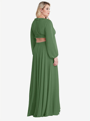 【STYLE: LB015】Bishop Sleeve Ruffled Chiffon Cutout Maxi Dress - Harlow 【COLOR: Vineyard Green】