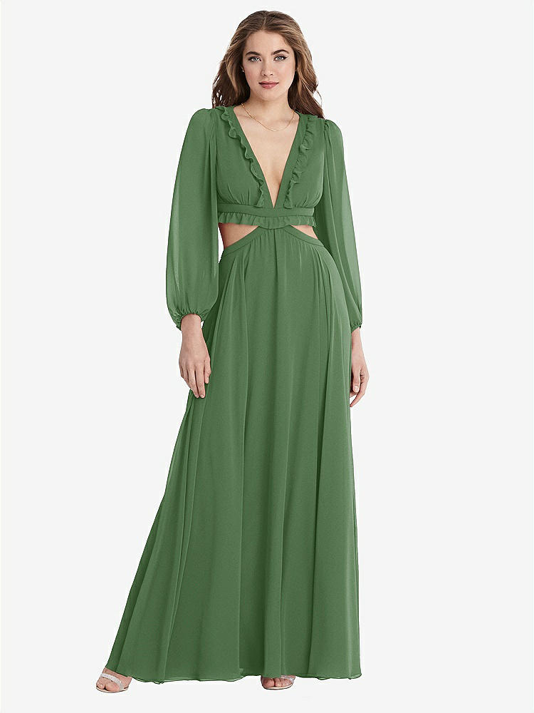 【STYLE: LB015】Bishop Sleeve Ruffled Chiffon Cutout Maxi Dress - Harlow 【COLOR: Vineyard Green】