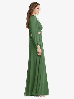 【STYLE: LB015】Bishop Sleeve Ruffled Chiffon Cutout Maxi Dress - Harlow 【COLOR: Vineyard Green】