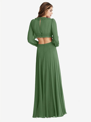 【STYLE: LB015】Bishop Sleeve Ruffled Chiffon Cutout Maxi Dress - Harlow 【COLOR: Vineyard Green】