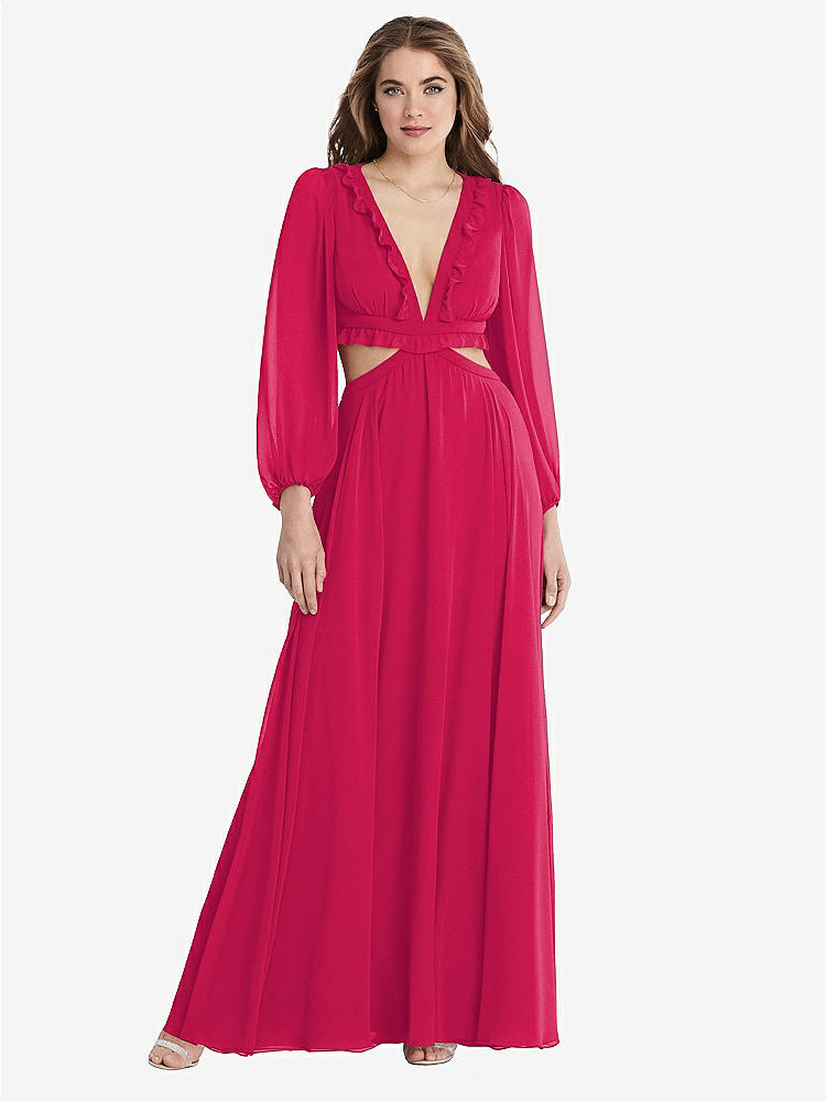 【STYLE: LB015】Bishop Sleeve Ruffled Chiffon Cutout Maxi Dress - Harlow 【COLOR: Vivid Pink】