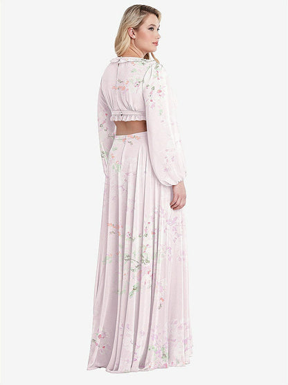 【STYLE: LB015】Bishop Sleeve Ruffled Chiffon Cutout Maxi Dress - Harlow 【COLOR: Watercolor Print】