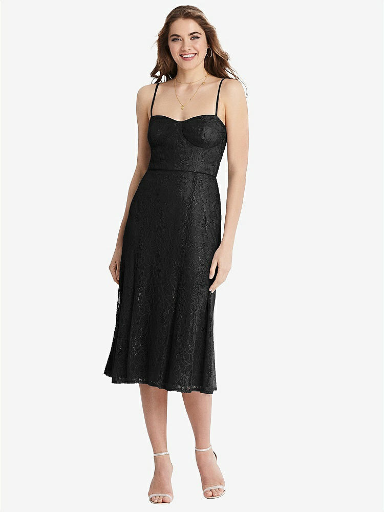 【STYLE: 1533】Lace Bustier Midi Dress with Spaghetti Straps【COLOR: Black】