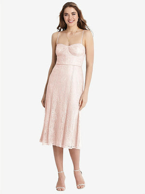 【STYLE: 1533】Lace Bustier Midi Dress with Spaghetti Straps【COLOR: Blush】