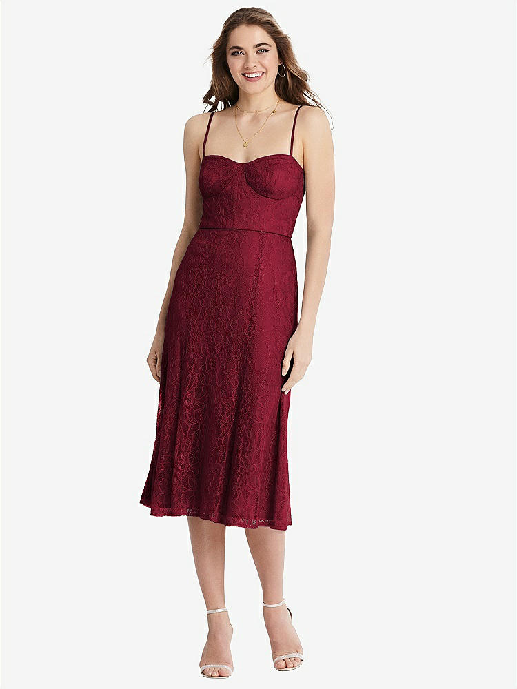 【STYLE: 1533】Lace Bustier Midi Dress with Spaghetti Straps【COLOR: Burgundy】