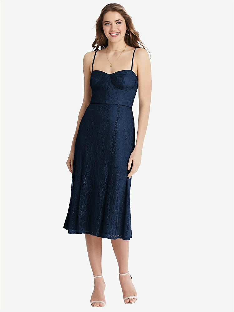 【STYLE: 1533】Lace Bustier Midi Dress with Spaghetti Straps【COLOR: Midnight Navy】