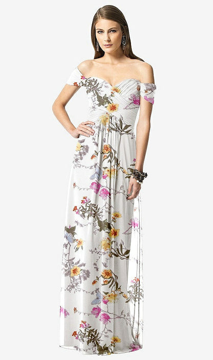 【NEW】【STYLE: TH028】オフショルダー ruced シフォン マキシ ドレス  -  alessia【COLOR: Butterfly Botanica Ivory】【SIZE: 00-30W】