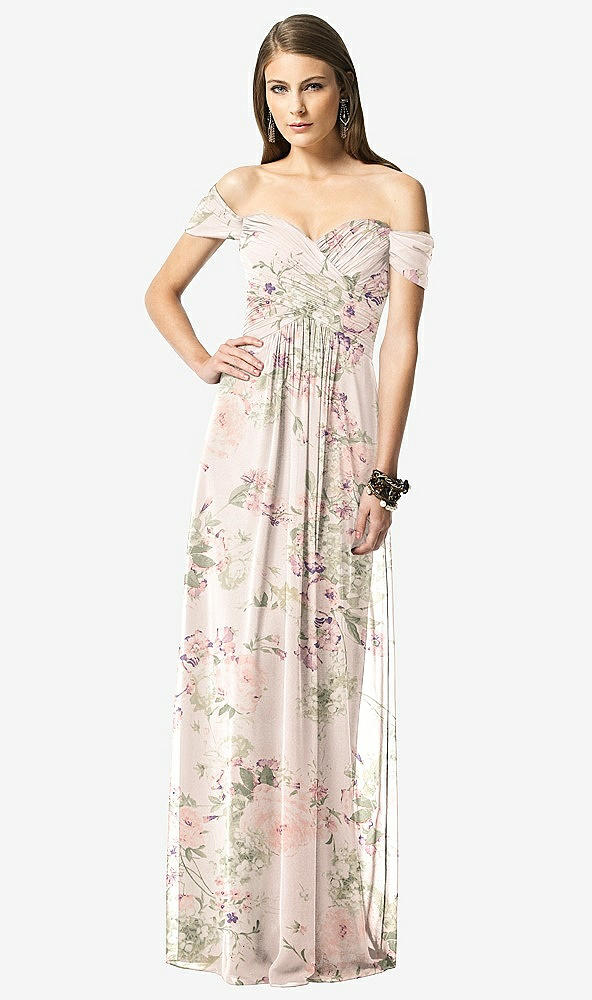 【STYLE: TH028】Off-the-Shoulder Ruched Chiffon Maxi Dress - Alessia【COLOR: Blush Garden】