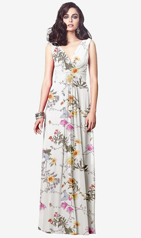 【STYLE: TH031】Draped V-Neck Shirred Chiffon Maxi Dress【COLOR: Butterfly Botanica Ivory】