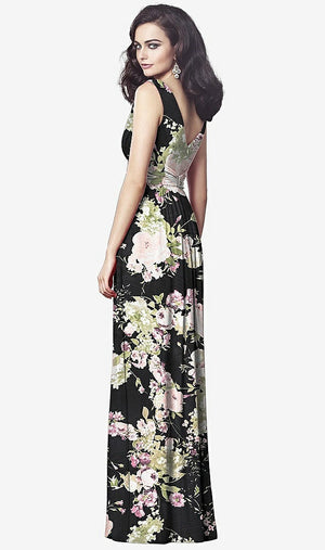 【STYLE: TH031】Draped V-Neck Shirred Chiffon Maxi Dress【COLOR: Noir Garden】