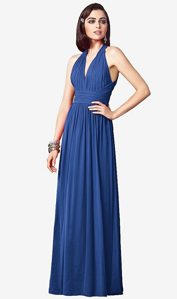 【STYLE: TH032】Ruched Halter Open-Back Maxi Dress - Jada【COLOR: Classic Blue】