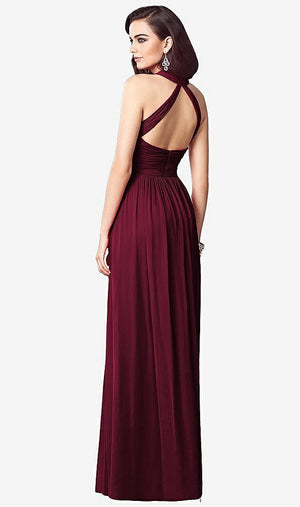 【STYLE: TH032】Ruched Halter Open-Back Maxi Dress - Jada【COLOR: Cabernet】