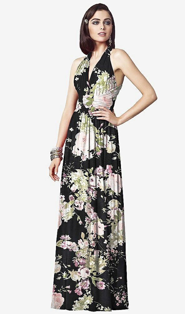 【STYLE: TH032】Ruched Halter Open-Back Maxi Dress - Jada【COLOR: Noir Garden】