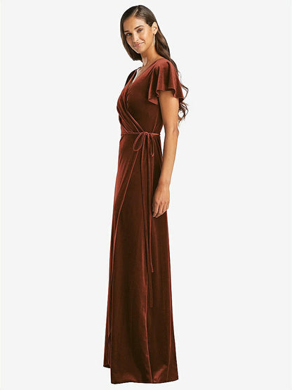【STYLE: 1538】Flutter Sleeve Velvet Wrap Maxi Dress with Pockets【COLOR: Auburn Moon】