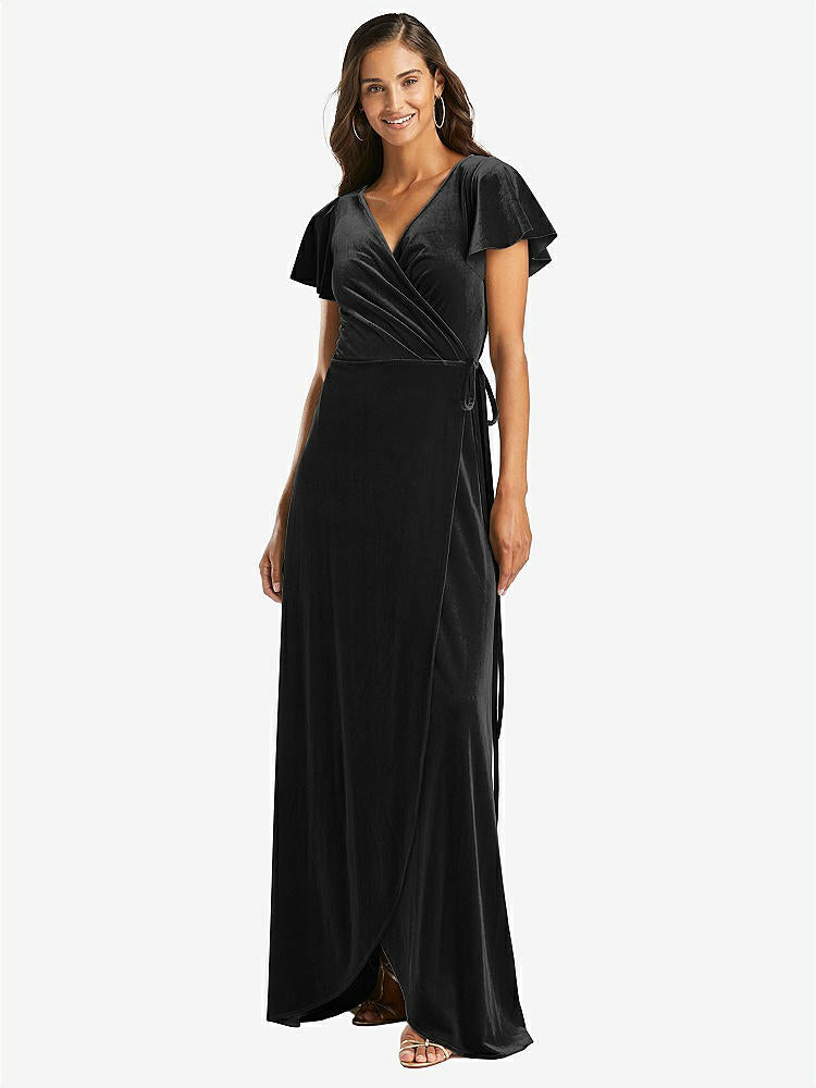 【STYLE: 1538】Flutter Sleeve Velvet Wrap Maxi Dress with Pockets【COLOR: Black】