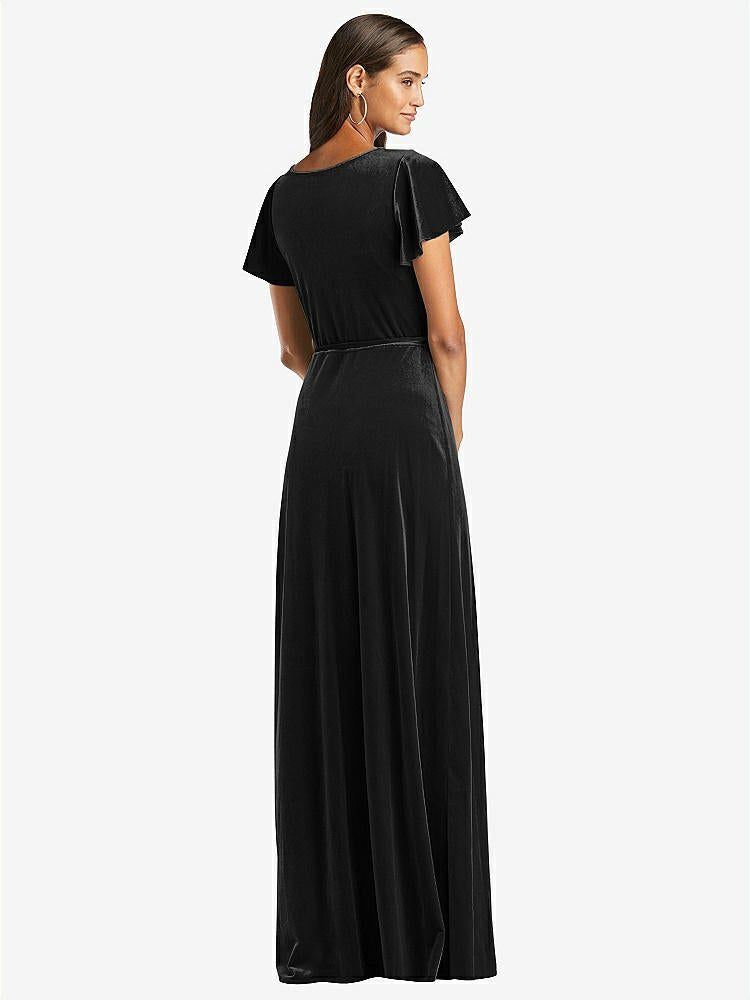 【STYLE: 1538】Flutter Sleeve Velvet Wrap Maxi Dress with Pockets【COLOR: Black】