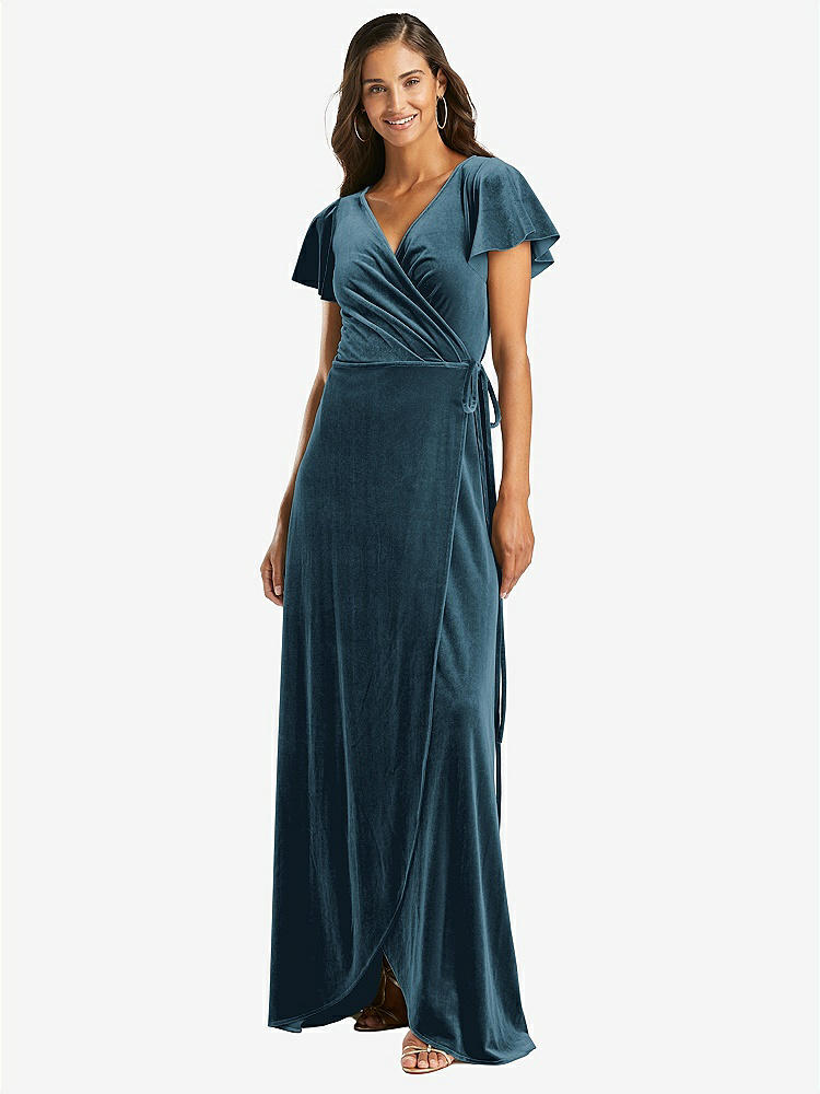 【STYLE: 1538】Flutter Sleeve Velvet Wrap Maxi Dress with Pockets【COLOR: Dutch Blue】