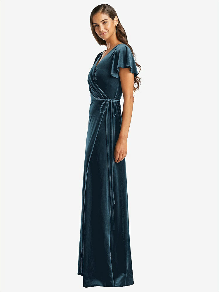 【STYLE: 1538】Flutter Sleeve Velvet Wrap Maxi Dress with Pockets【COLOR: Dutch Blue】