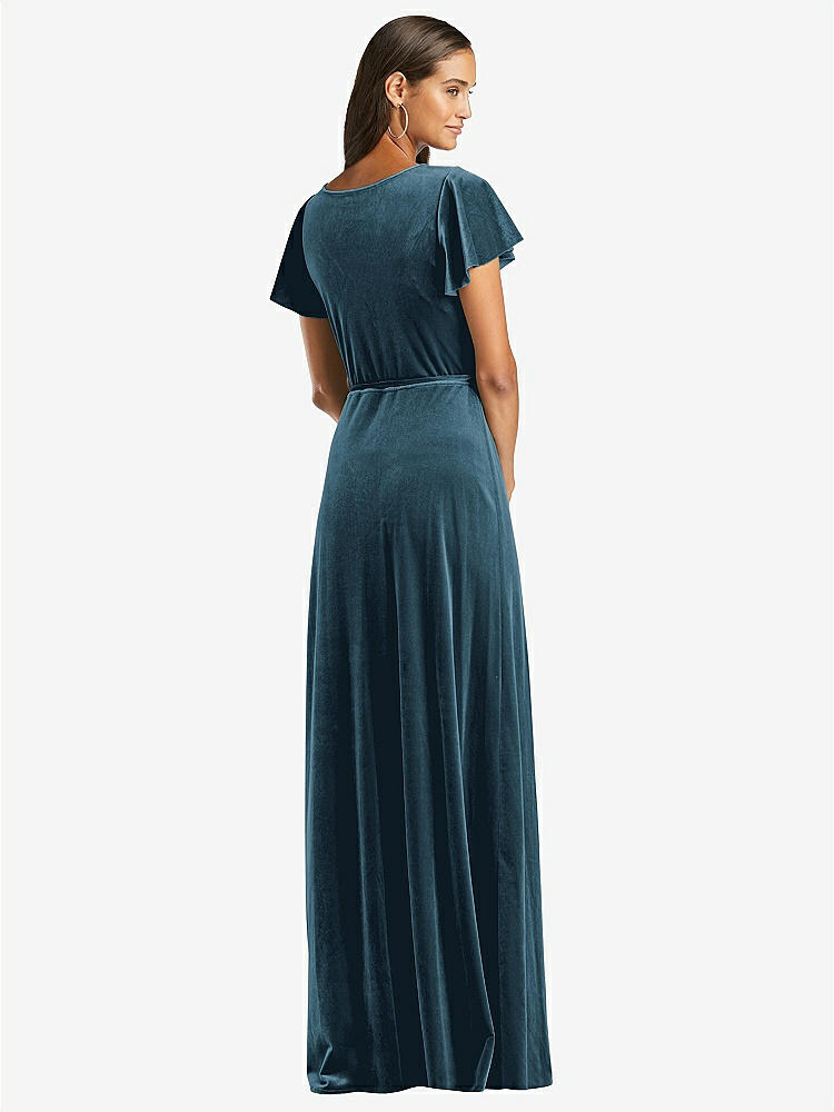 【STYLE: 1538】Flutter Sleeve Velvet Wrap Maxi Dress with Pockets【COLOR: Dutch Blue】