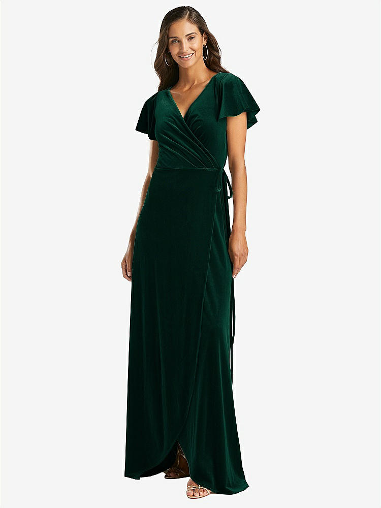 【STYLE: 1538】Flutter Sleeve Velvet Wrap Maxi Dress with Pockets【COLOR: Evergreen】