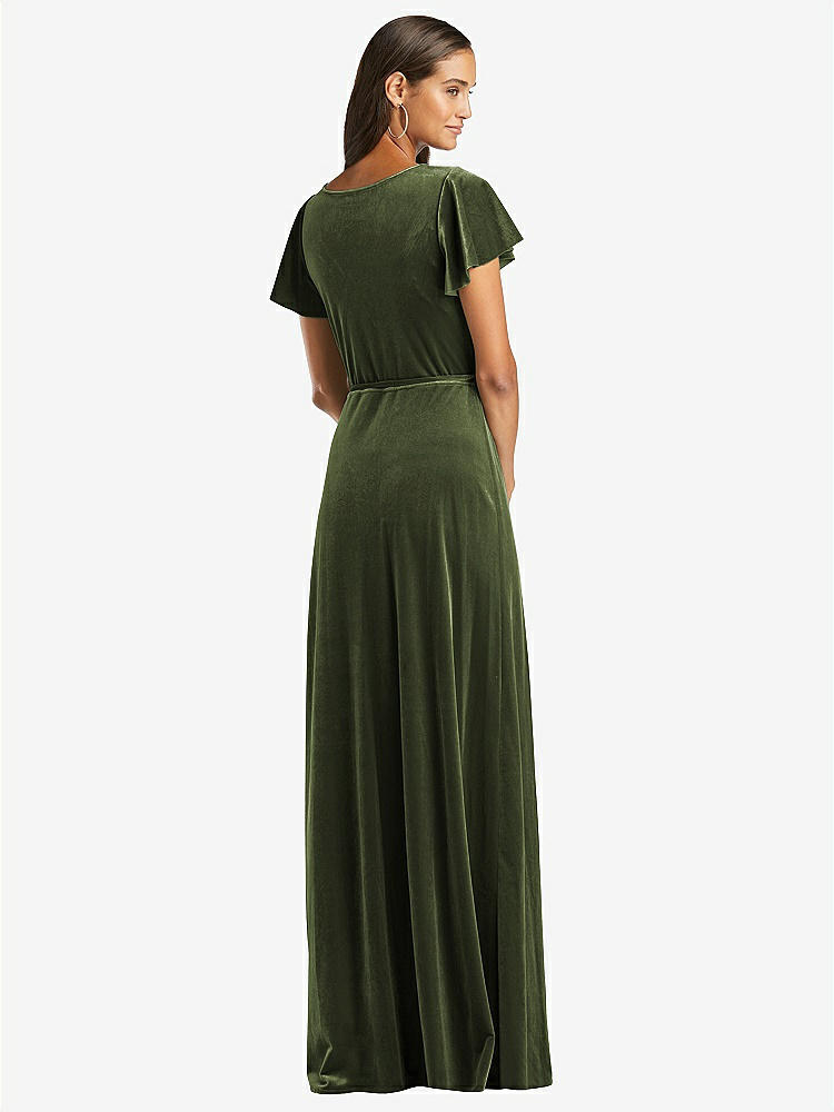 【STYLE: 1538】Flutter Sleeve Velvet Wrap Maxi Dress with Pockets【COLOR: Olive Green】