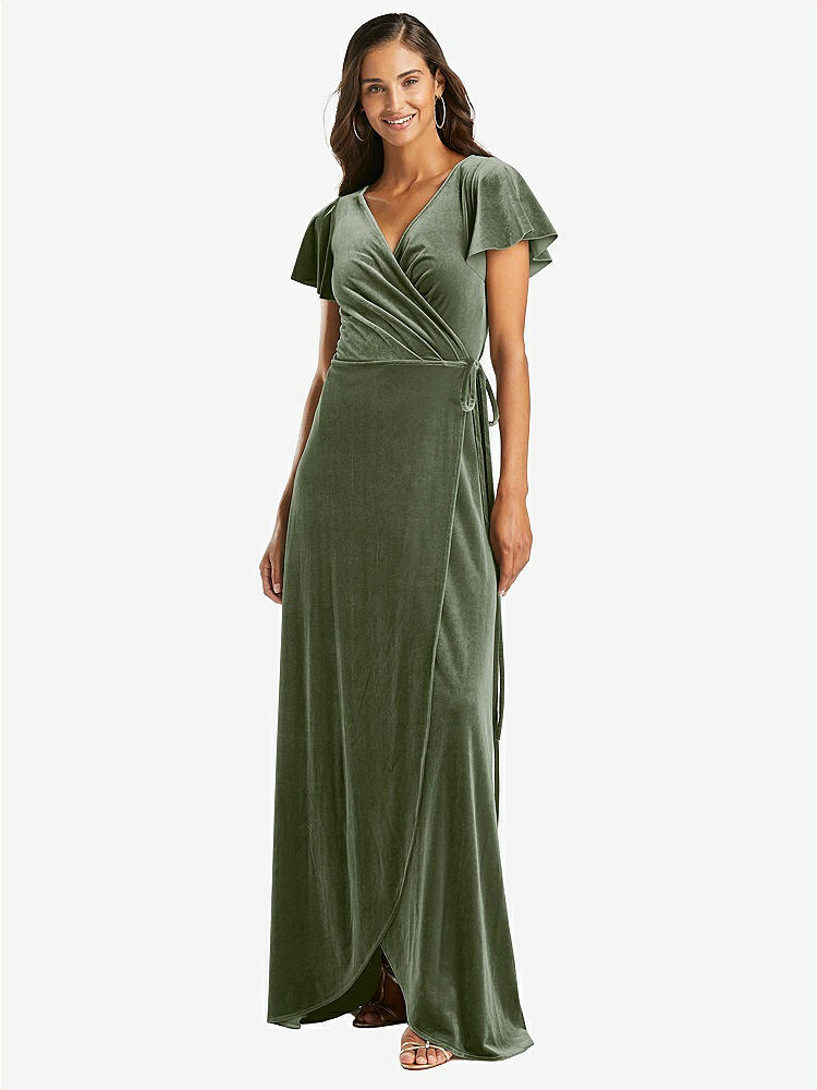 【STYLE: 1538】Flutter Sleeve Velvet Wrap Maxi Dress with Pockets【COLOR: Sage】