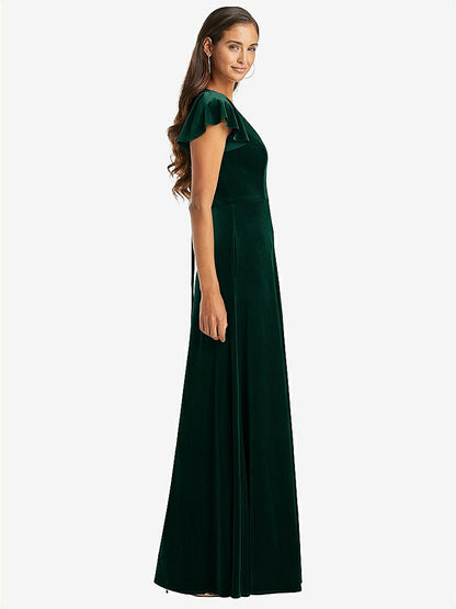 【STYLE: 1540】Flutter Sleeve Velvet Maxi Dress with Pockets【COLOR: Evergreen】