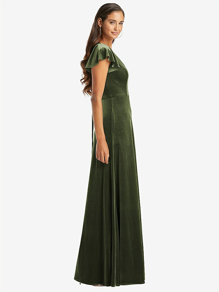 【STYLE: 1540】Flutter Sleeve Velvet Maxi Dress with Pockets【COLOR: Olive Green】