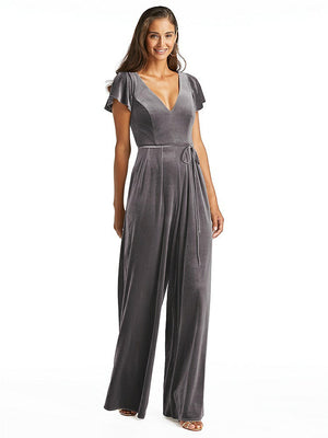【STYLE: 1542】Flutter Sleeve Velvet Jumpsuit with Pockets【COLOR: Caviar Gray】