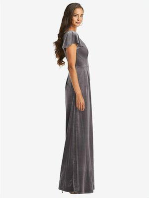【STYLE: 1542】Flutter Sleeve Velvet Jumpsuit with Pockets【COLOR: Caviar Gray】