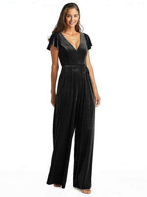 【STYLE: 1542】Flutter Sleeve Velvet Jumpsuit with Pockets【COLOR: Black】