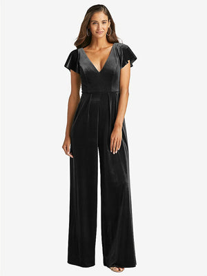 【STYLE: 1542】Flutter Sleeve Velvet Jumpsuit with Pockets【COLOR: Black】