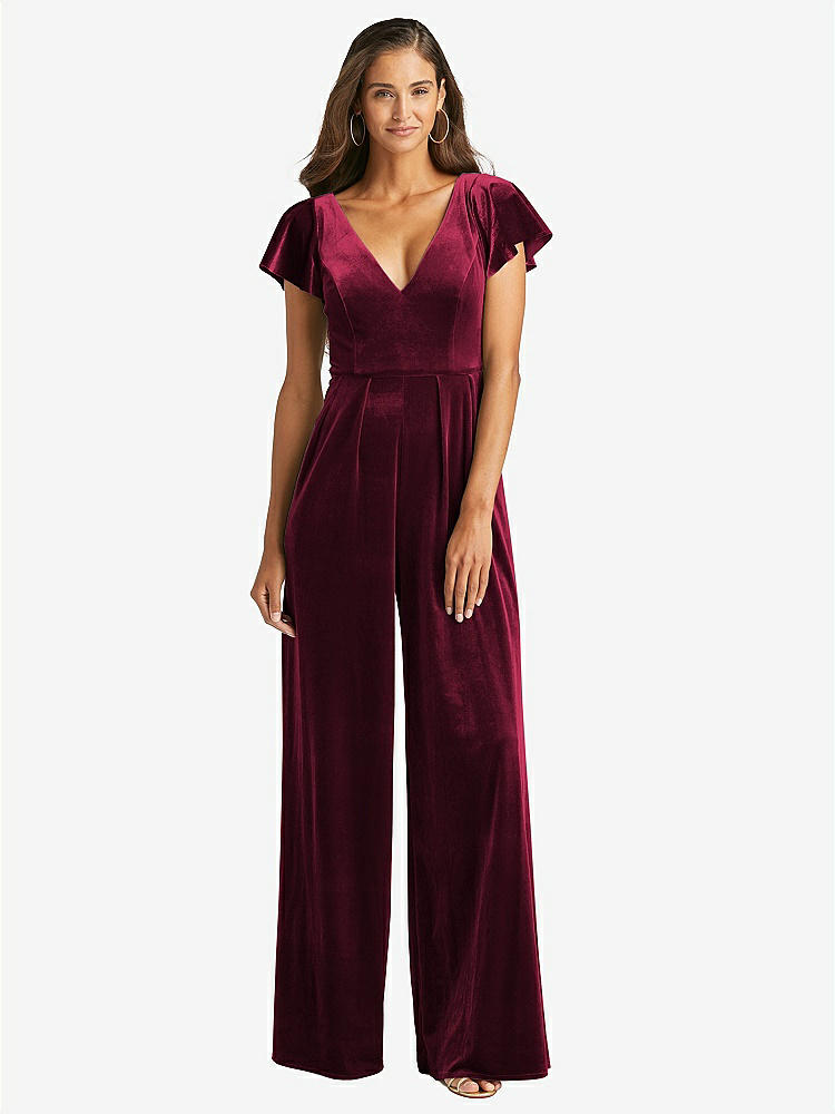 【STYLE: 1542】Flutter Sleeve Velvet Jumpsuit with Pockets【COLOR: Cabernet】