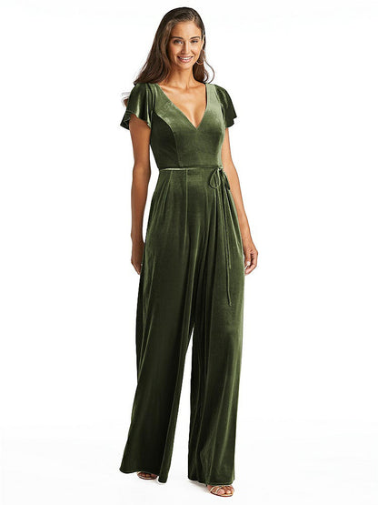 【STYLE: 1542】Flutter Sleeve Velvet Jumpsuit with Pockets【COLOR: Olive Green】