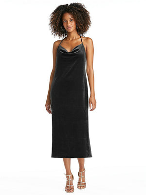 【STYLE: LB020】Cowl-Neck Convertible Velvet Midi Slip Dress - Isa【COLOR: Black】