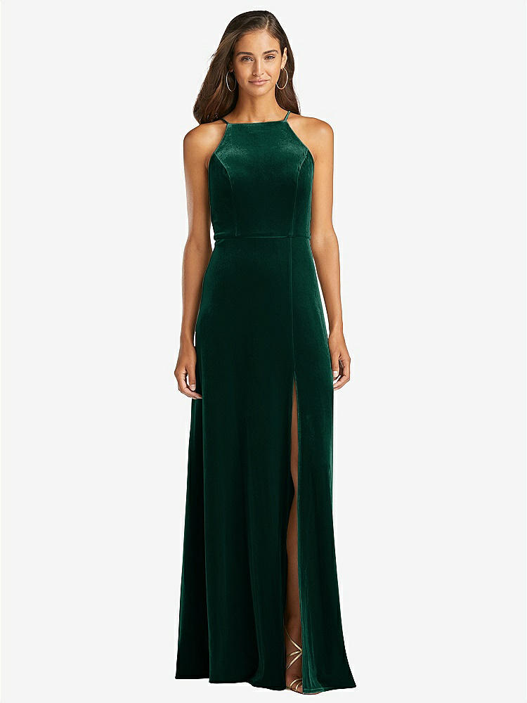 【STYLE: LB021】Velvet Halter Maxi Dress with Front Slit - Harper【COLOR: Evergreen】