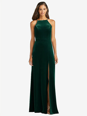 【STYLE: LB021】Velvet Halter Maxi Dress with Front Slit - Harper【COLOR: Evergreen】