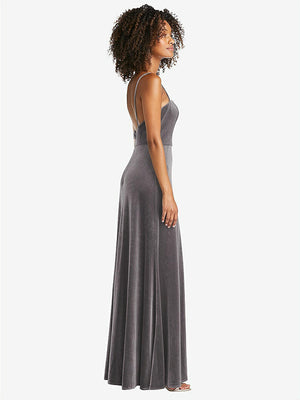 【NEW】【STYLE: LB022】正方形 首 ベルベット マキシ ドレス 前面 スリット  -  ドリュー【COLOR: Caviar Gray】【SIZE: 00-30W】