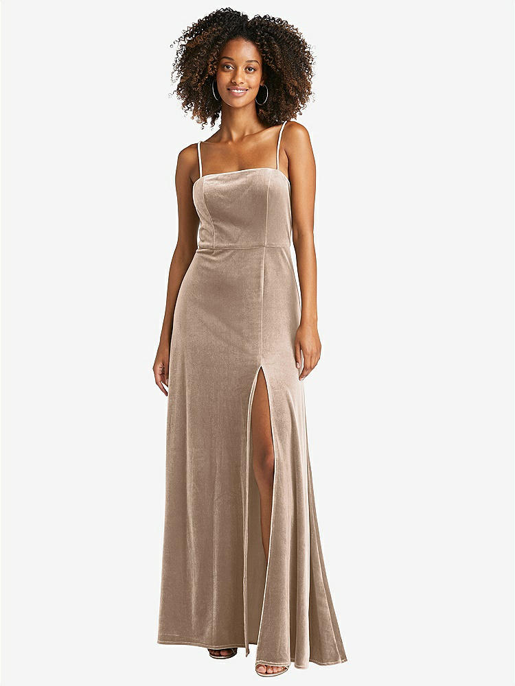 【NEW】【STYLE: LB022】正方形 首 ベルベット マキシ ドレス 前面 スリット  -  ドリュー【COLOR: Topaz】【SIZE: 00-30W】