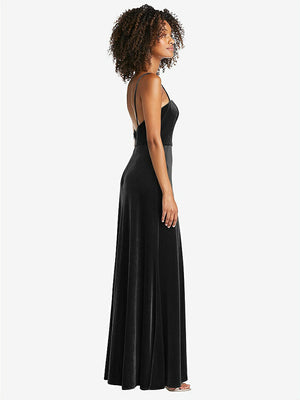 【NEW】【STYLE: LB022】正方形 首 ベルベット マキシ ドレス 前面 スリット  -  ドリュー【COLOR: Black】【SIZE: 00-30W】